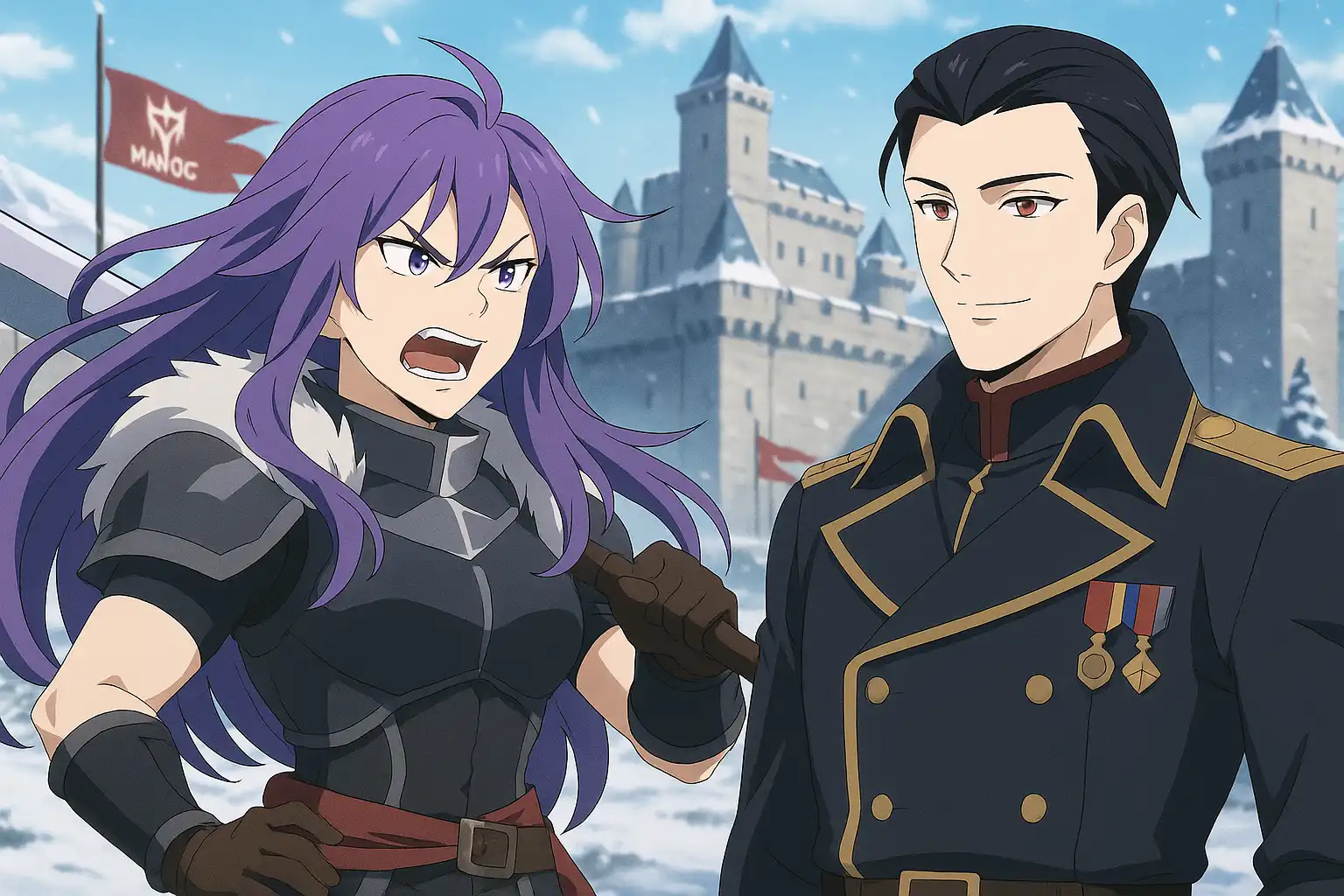 Vampire, calm and composed in a general's coat, while Whaleslaughter smirks in the background sharpening a very large blade.
