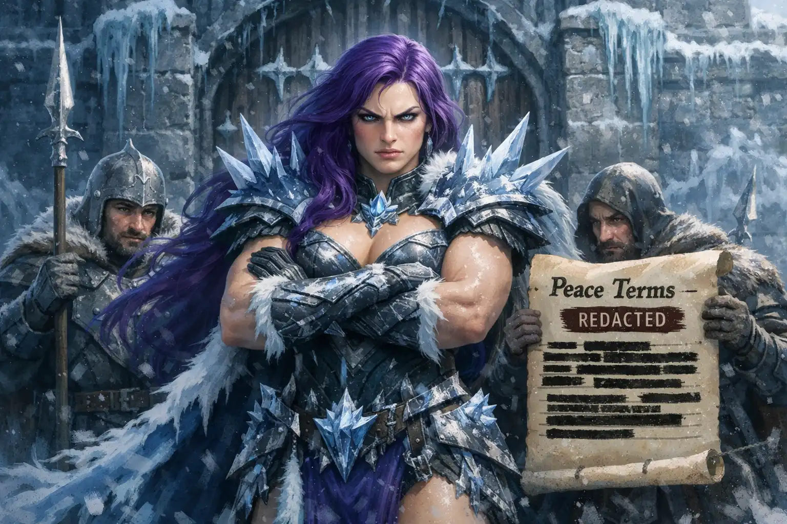Whaleslaughter in icy regalia blocks the gates of a frost-covered fortress, arms crossed as guards behind her glance nervously at a scroll labeled 'Peace Terms – Redacted.'