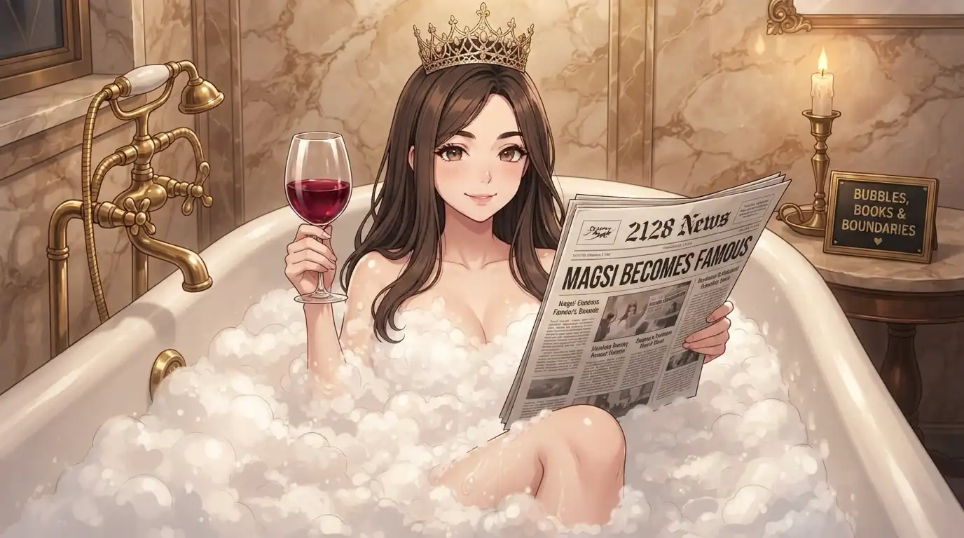A brunette woman wearing a crown sits in a bubble bath holding a glass of red wine in one hand and reading a 2128 News newspaper with the headline Whales Has Opinions