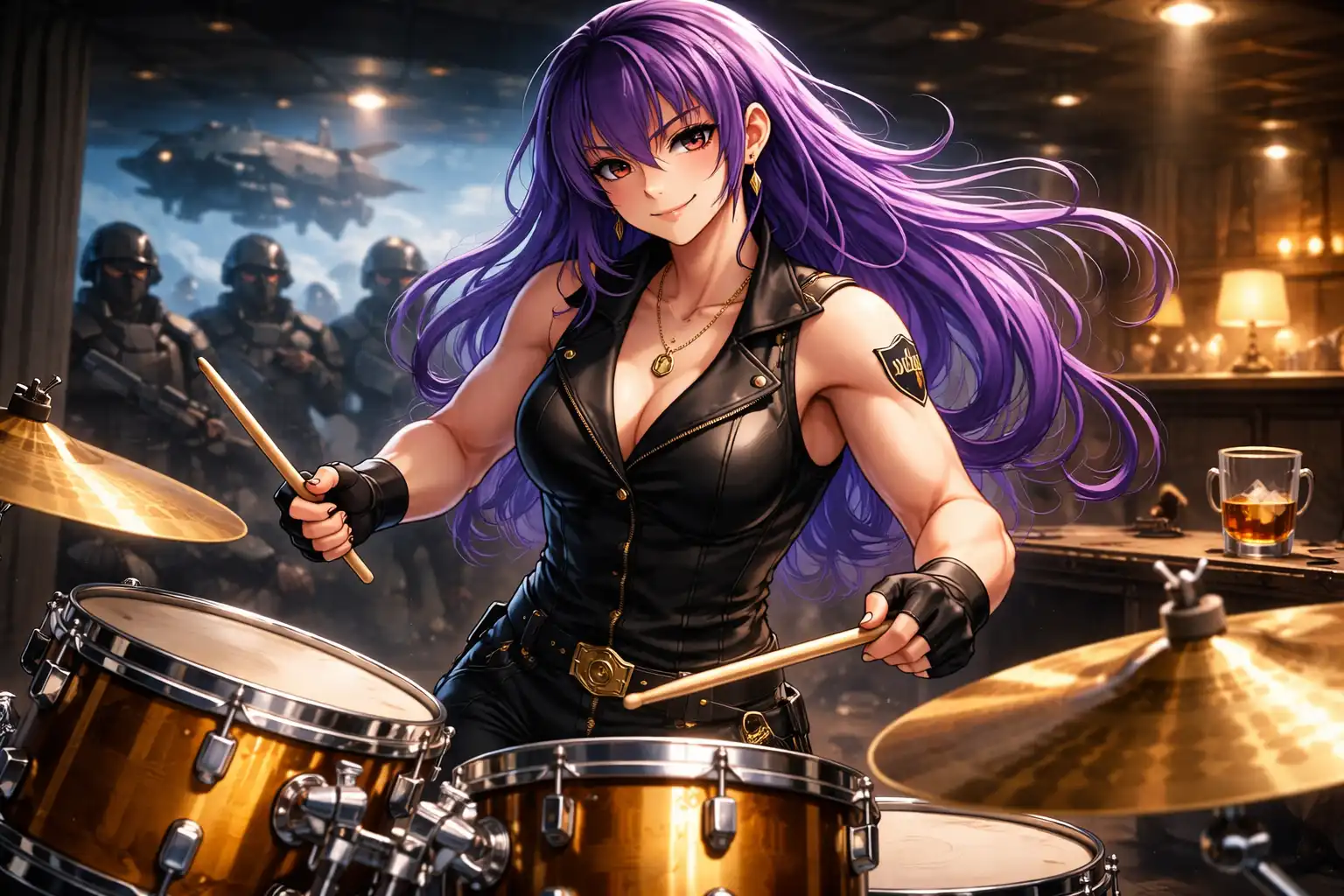 Anime-style portrait of Whaleslaughter as a sleek commander with a violin, standing in front of her HAVOC troops and a glass of bourbon, as seen in her Spotify artist profile