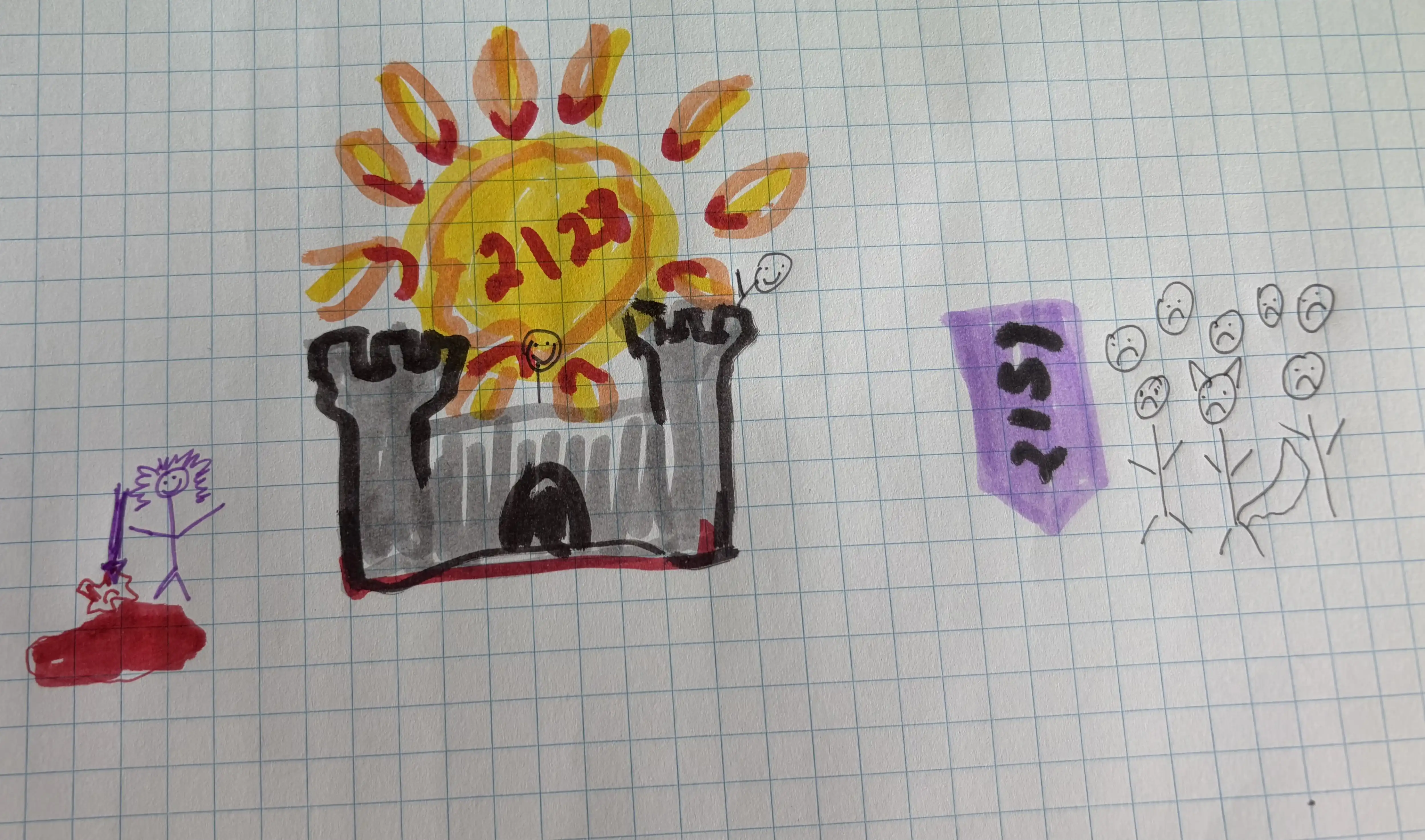 Hand drawn on graph paper: Whaleslaughter as a purple stick figure standing over Big Tex who is in a pool of red, the 2128 sun castle in the middle, sad 2159 stick figures under a purple banner on the right. Our AI art department remains on a PIP.