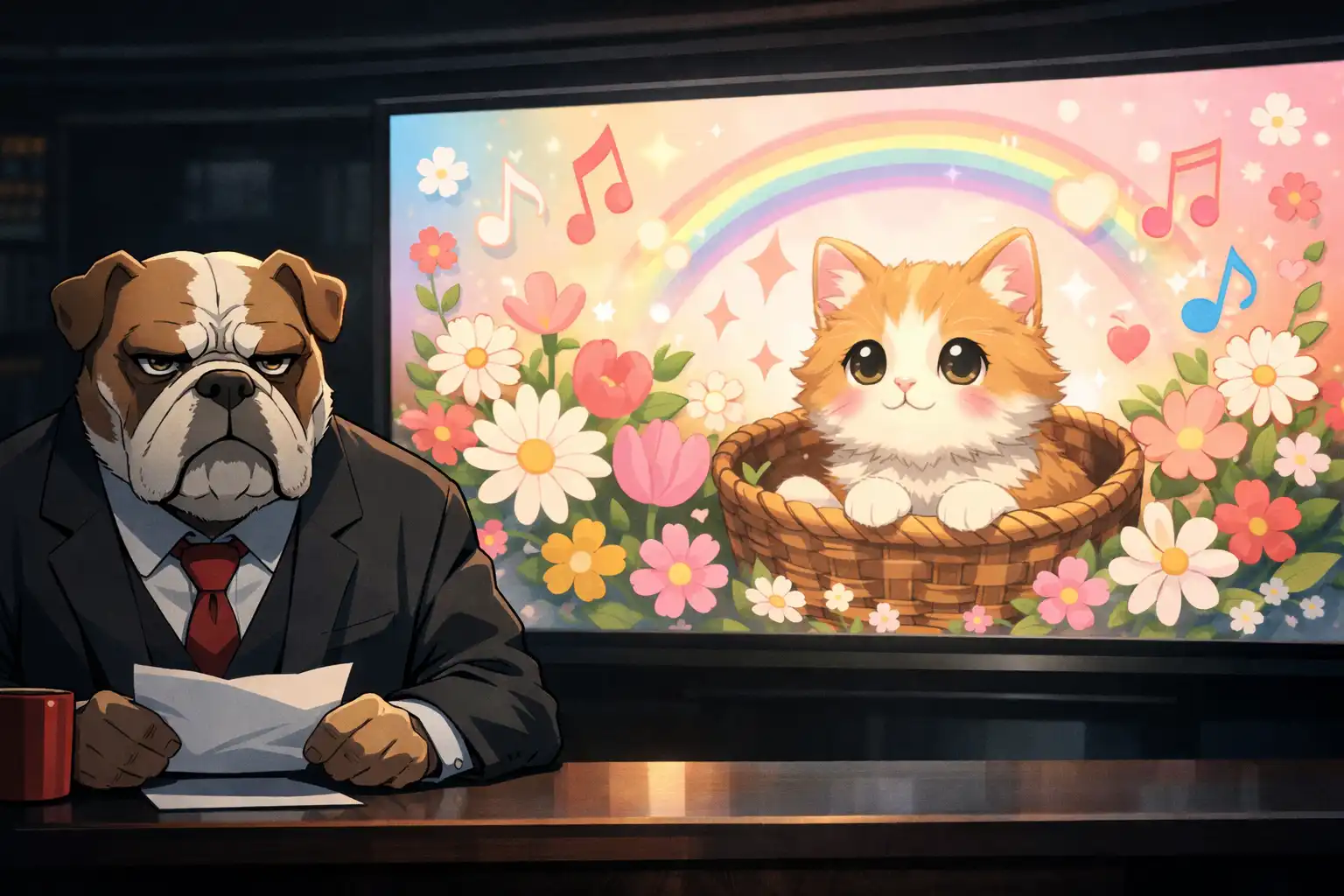 Anime-style newsroom scene where a grizzled bulldog reporter stares at a screen filled with pastel flowers, a kitten, and floating musical notes, expression flat and unimpressed