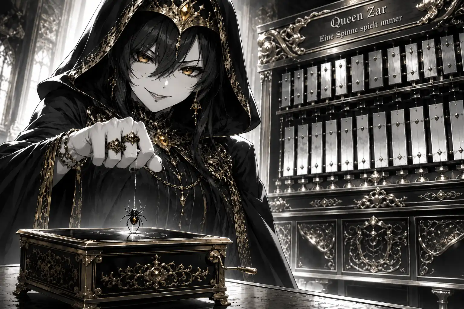 Queen Zar in a dark hood smirking over a music box, a small spider frozen mid-climb below her fist, glockenspiel keys visible in the background, one leg already airborne