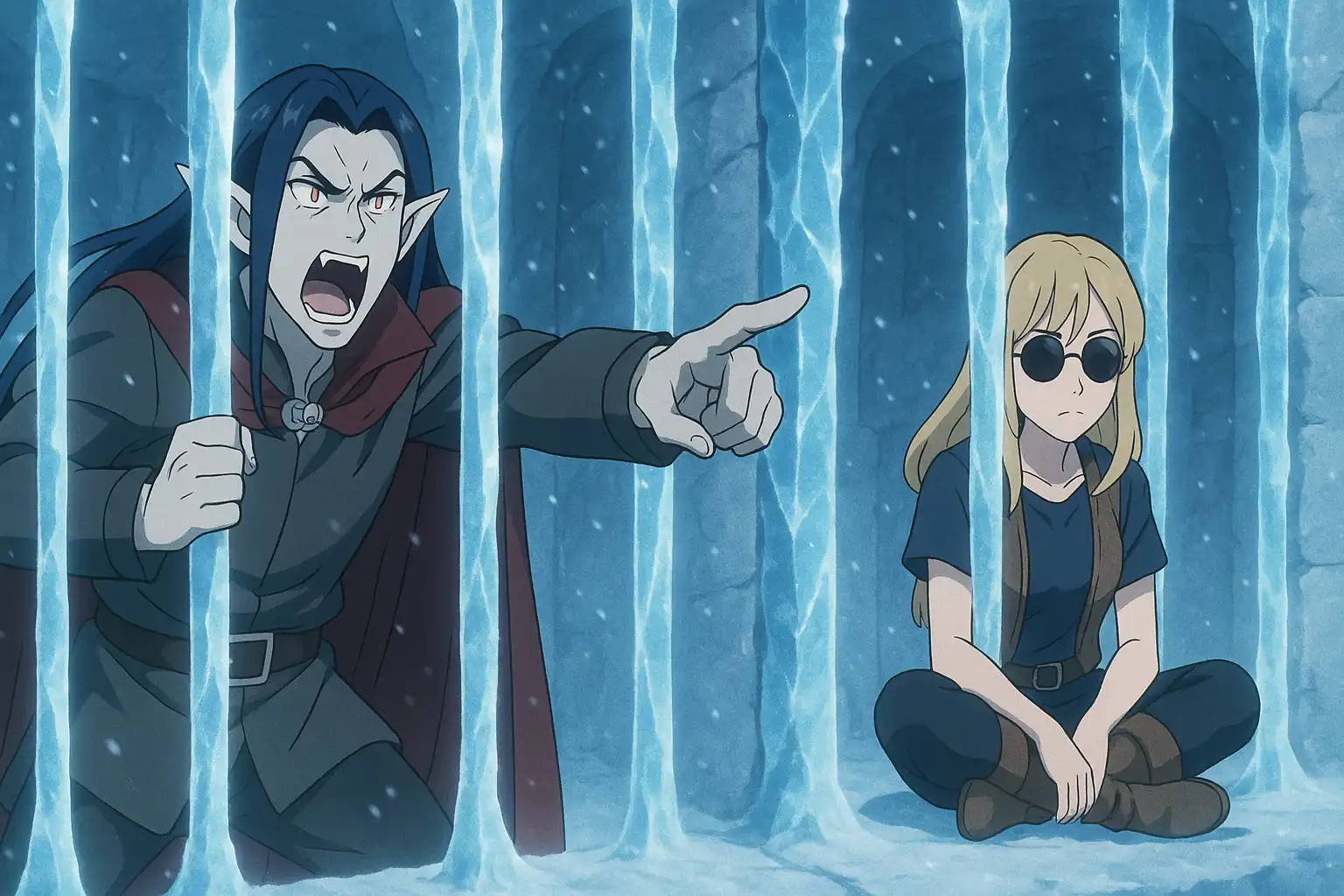 Two anime-style warriors locked in magical ice jail cells in a snowy chamber; one yelling dramatically and pointing through the bars, the other sitting cross-legged looking resigned; frosty light glows through crystalline bars, 2:1 landscape